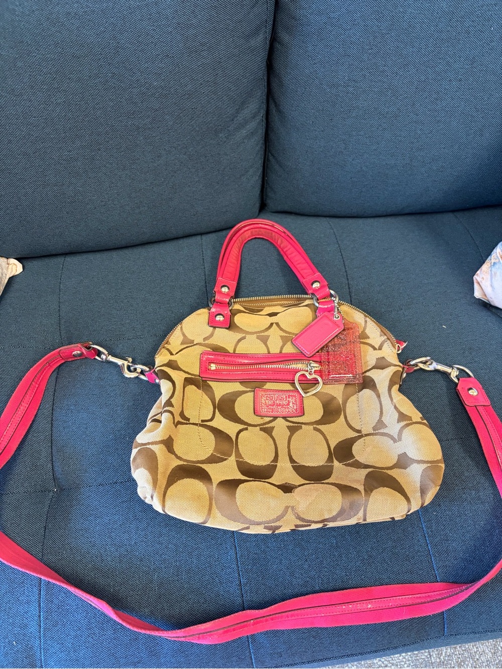 Coach Tan Signature Canvas Satchel with Pink Leather Trim